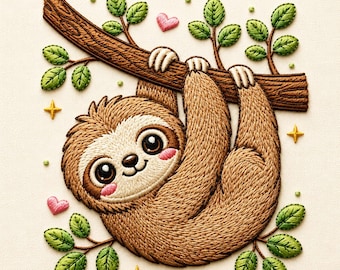 Cute Sloth Embroidery Design, Kawaii Hanging Sloth Pattern, Adorable Jungle Animal, Tropical Wildlife Decor