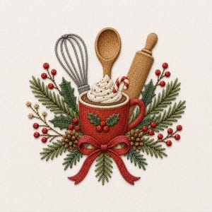Könnte beinhalten: Ein gesticktes Motiv mit einer roten Tasse, gefüllt mit Schlagsahne und einer Zuckerstange, umgeben von einem Schneebesen, einem Holzlöffel, einem Nudelholz, grünen Stechpalmenblättern, roten Beeren, Tannenzapfen und einer roten Schleife.