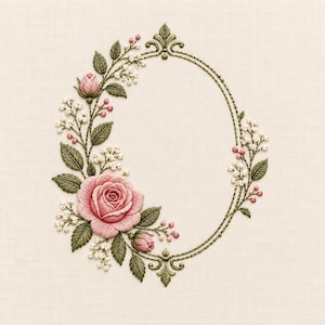 May include: An oval embroidery frame design stitched onto light beige fabric. The frame is composed of green vines and leaves, accented with pink rose blossoms, rosebuds, and small white floral clusters arranged along the left side.