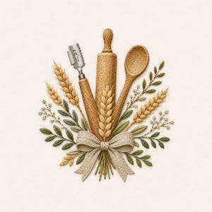Farmhouse Kitchen Embroidery Design, Rustic Baking Tools with Wheat Bow, Wooden Utensils Machine Embroidery Pattern File