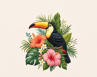 Toucan Tropical Embroidery Design With Hibiscus Flowers, Exotic Bird Machine Embroidery File, Jungle Floral Stitch Pattern