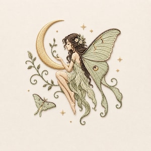 May include: An intricate embroidery design featuring a fairy with long brown hair and light green wings, seated on a golden crescent moon. The fairy wears a leaf-like dress and is surrounded by swirling vines, small stars, and a small moth.