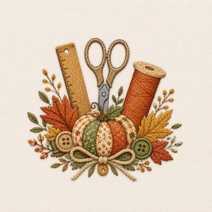 Fall Sewing Embroidery Design, Patchwork Pumpkin Machine Embroidery File, Scissors Thread Ruler, Autumn Craft Pattern