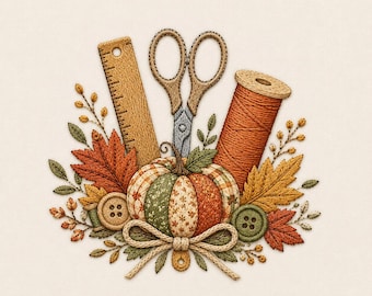 Fall Sewing Embroidery Design, Patchwork Pumpkin Machine Embroidery File, Scissors Thread Ruler, Autumn Craft Pattern