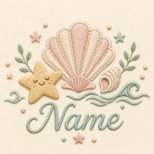 Borduurpatroon met strandnaam, gepersonaliseerd schelpborduurpatroon, borduurpatroon met kustthema voor babynaam, decoratie voor de kinderkamer met oceaanmotief