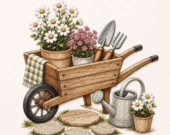 Garden Wheelbarrow Embroidery Design, Flower Cart Embroidery File, Rustic Garden Tools Pattern, Cottage Garden Machine Embroidery