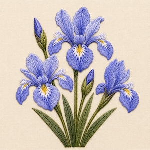 May include: An embroidery design featuring two blooming blue iris flowers and two closed buds with green stems and leaves. The petals display shades of blue, white, and yellow stitching on a plain, light beige fabric background.