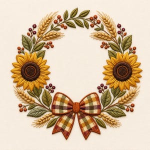 May include: An embroidery design of a circular wreath featuring two large yellow sunflowers with dark brown centers, golden wheat stalks, green leaves, and small red berries. A plaid bow with yellow, green, and brown squares sits at the bottom.