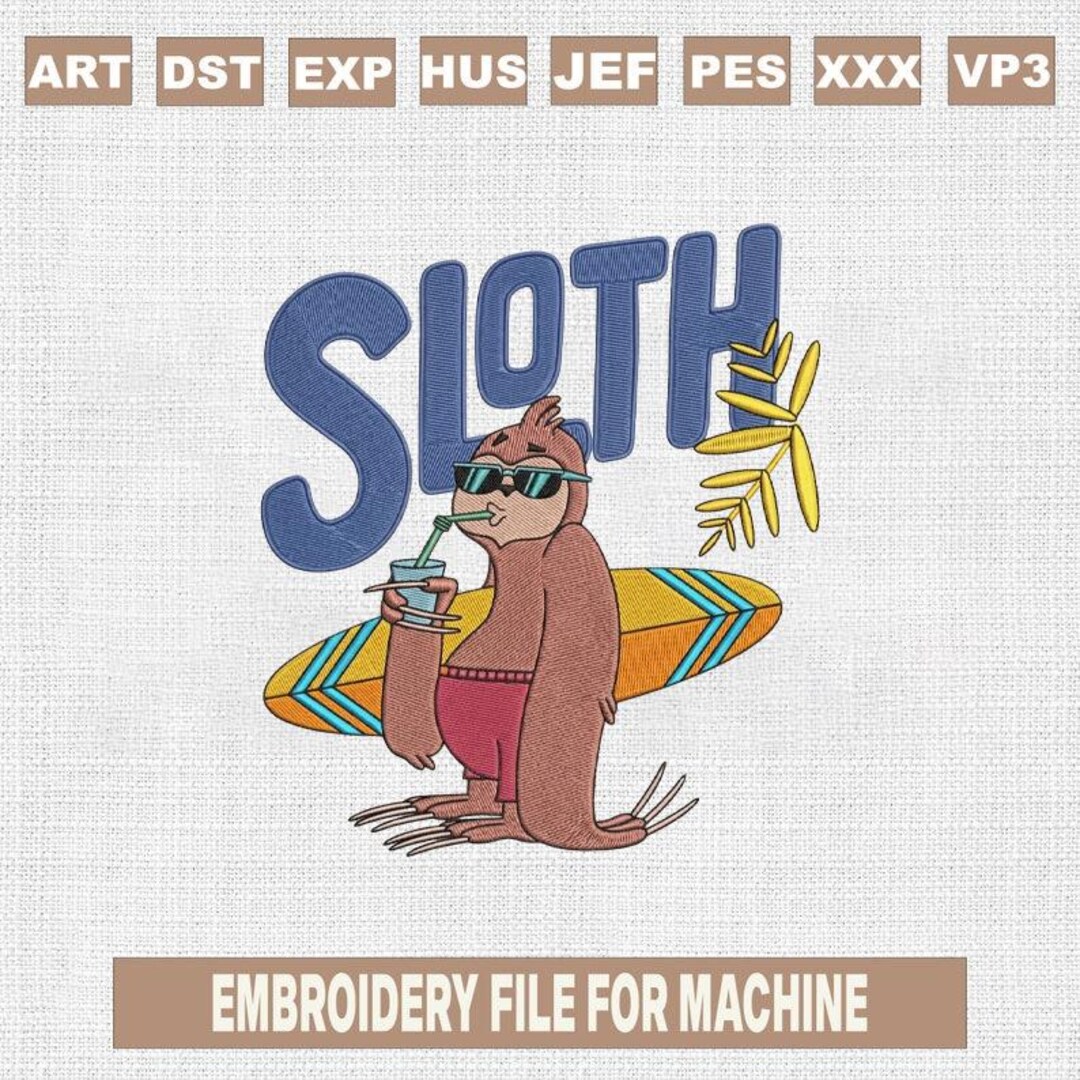 Sloth Summer Embroidery Design, Funny Sloth Surfing Embroidery File ...
