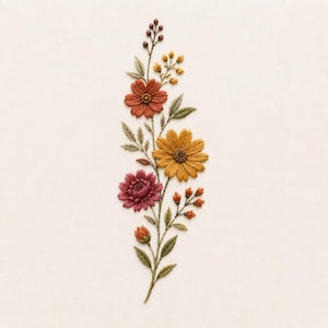 Könnte beinhalten: Ein vertikales Stickdesign mit einem zentralen Stiel und verschiedenen botanischen Elementen. Das Arrangement umfasst eine rostfarbene Blume, eine goldgelbe Margerite, eine dunkelmagentafarbene Chrysantheme, kleine orangefarbene Knospen und grüne Blätter.
