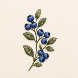 May include: A detailed embroidery design of a blueberry branch featuring eleven round, textured blue berries and several pointed, sage green leaves with visible stitching patterns, arranged along a central stem on a plain off-white background.