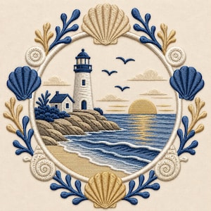 May include: A circular machine embroidery design featuring a lighthouse, a small house, and a beach scene with a setting sun and birds. The central image is framed by a border of tan and blue seashells and coral-like branches on a cream fabric.