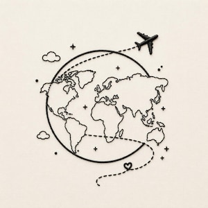 Peut inclure: Un motif brodé en fil noir sur un fond en tissu clair représentant un globe avec une carte du monde, un petit avion suivant une trajectoire en pointillés, des étoiles éparpillées, deux petits nuages et un minuscule cœur sur le tracé.