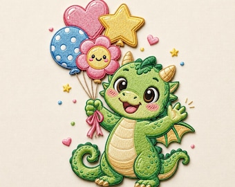 Cute Baby Dragon Embroidery Design, Kawaii Dragon with Balloons, Fantasy Animal Machine Embroidery File Download