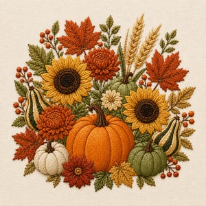 Könnte beinhalten: Ein Stickdesign mit einem zentralen orangefarbenen Kürbis, umgeben von Sonnenblumen, Chrysanthemen und kleineren Kürbissen in Grün und Weiß. Das Arrangement enthält Herbstblätter, Weizenähren und kleine rote Beeren auf cremefarbenem Stoff.
