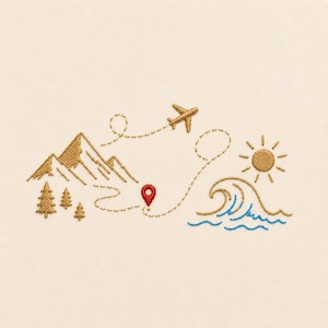 May include: An embroidery design featuring gold-colored mountains, pine trees, a sun, and a wave with blue accents. A dashed line traces a travel path connecting these elements, including a small gold airplane and a bright red location pin.
