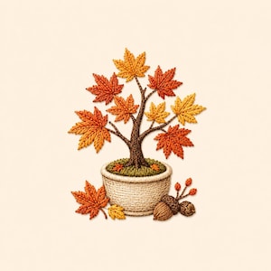 Peut inclure: Une broderie représentant un petit arbre dans un pot beige texturé. L'arbre possède des branches brunes et des feuilles d'érable aux teintes orange, rouge et jaune. Deux glands et une feuille d'érable tombée sont placés à la base du pot.