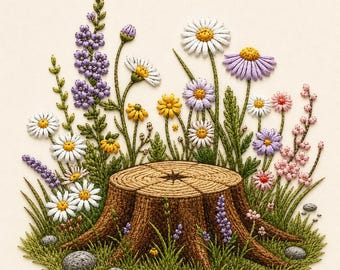 Wildflower Tree Stump Embroidery Design, Woodland Meadow Floral Embroidery File, Nature Garden Machine Embroidery Pattern