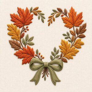 Peut inclure: Une broderie représentant une couronne en forme de cœur composée de feuilles d'automne aux tons orange, jaune, brun et vert. L'ensemble comprend des feuillages de type érable et chêne avec de petites baies, terminé par un nœud vert sauge.