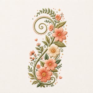 May include: A vertical floral illustration featuring a central swirling vine with sage green leaves and peach-colored blossoms. The design includes small heart shapes, tiny dots, and four-pointed star accents arranged in a symmetrical pattern.