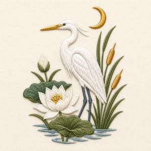 Puede incluir: Un diseño de bordado que presenta una garza blanca de pie entre hojas de loto verdes y flores de loto blancas. La escena incluye juncos verdes altos con espadañas de color marrón dorado, una luna creciente dorada y ondas de agua azul.