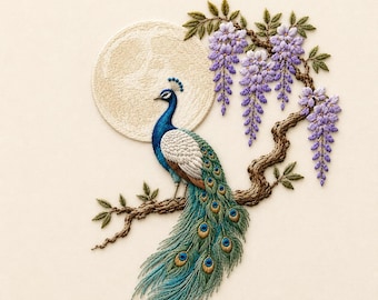 Peacock Embroidery Design, Wisteria Peacock Machine Embroidery Pattern, Elegant Bird Embroidery File, Japanese Garden Decor