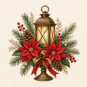 May include: An embroidered design featuring a central brown lantern with a lit candle, surrounded by red poinsettia flowers, green pine branches, brown pinecones, red berries, and a decorative red and gold ribbon tied at the base of the lantern.