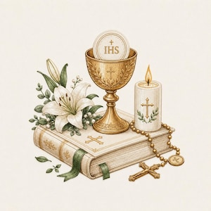 May include: An illustration of religious items including a gold chalice with a wafer, a lit candle, a rosary, a bible, and white lilies. The chalice and candle have cross symbols. The bible has a green ribbon.