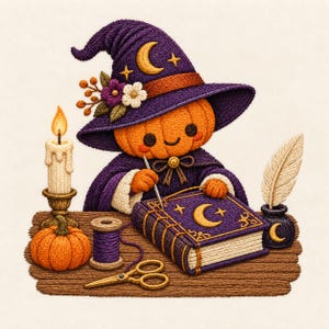 May include: An embroidered illustration of a pumpkin-headed figure wearing a purple witch hat with a crescent moon, writing in a purple book with a needle. The scene includes a lit candle, a spool of thread, scissors, and a quill in an inkwell.