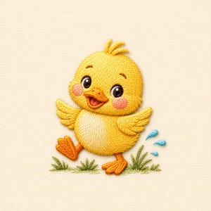 May include: An embroidered design of a bright yellow baby chick with orange feet and beak, pink cheeks, and large black eyes. The chick is standing on green grass with three small blue water droplets nearby on a light cream fabric background.