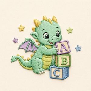 May include: An embroidered patch featuring a light green dragon with yellow spikes and purple wings. The dragon is holding a stack of three square blocks labeled with the letters A, B, and C. Small embroidered stars in yellow, purple, and blue surround the dragon.