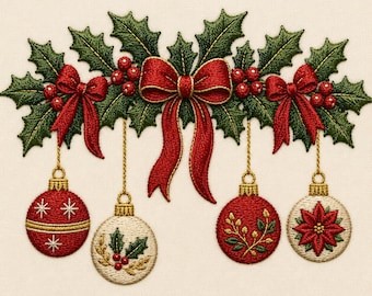Julgirlang broderidesign, järnekgirlang med rosetter och hängande ornament maskinbroderifil, festlig högtidsdekor