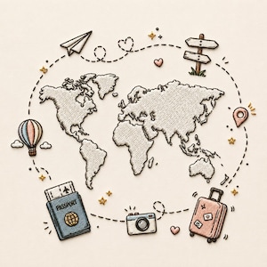 Peut inclure: Une broderie représentant une carte du monde avec un avion en papier, un panneau de signalisation en bois, une montgolfière, un passeport avec un billet, un appareil photo et une valise. Le tout relié par des pointillés et des étoiles.