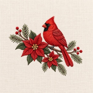 May include: A detailed embroidery design on light-colored fabric featuring a bright red cardinal bird perched on a branch. The scene includes two vibrant red poinsettia flowers with yellow centers, green pine needles, and small red berries.