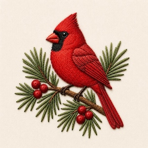 Op de afbeelding: Een gedetailleerd borduurontwerp met een levendige rode kardinaalvogel met een zwart gezichtsmasker, zittend op een bruine tak. De tak is versierd met groene dennennaalden en trossen kleine, ronde, felrode bessen op een crèmekleurige stof.