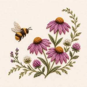 May include: An embroidery design featuring a bumblebee with black and yellow stripes and white wings flying toward a cluster of purple coneflowers, small white clover-like flowers, and lavender sprigs with green leaves on a cream fabric.