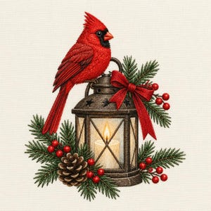 May include: An embroidered design featuring a bright red cardinal bird perched atop a dark metal lantern. The lantern contains a glowing white candle and is decorated with green pine branches, a red ribbon bow, and small red berries.