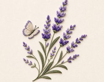 Puede incluir: Un diseño de bordado que presenta un racimo de ramas de lavanda con capullos de color púrpura intenso y hojas de color verde salvia, acompañado por una mariposa con alas de color crema y bordes púrpuras, todo en un detallado trabajo de hilo.