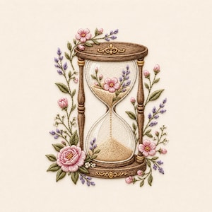 May include: Embroidered hourglass with a wooden frame, filled with sand. The hourglass is surrounded by pink and purple flowers and green leaves, creating a floral design. The background is a light beige color.