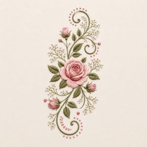 Ricamo di rose rosa, elegante motivo floreale di rose ricamate, fiore botanico vintage, idea regalo romantica in stile cottagecore.