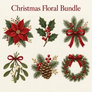 Weihnachtliches Blumenstickset, Weihnachtsstern, Stechpalme, Mistel, Tannenzapfen, Kranz, Schleife, festliche botanische Designs