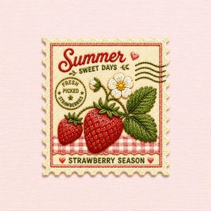 May include: Embroidered patch featuring a strawberry theme. The design includes two red strawberries, green leaves, and a white flower. Text includes "Summer Sweet Days", "Fresh Picked Strawberries", and "Strawberry Season". The patch has a scalloped edge.