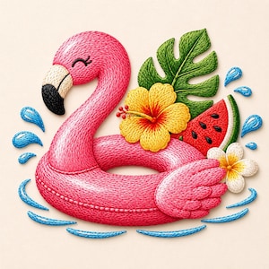 Puede incluir: Un parche bordado que muestra un flotador de flamenco rosa brillante rodeado de salpicaduras de agua azules. El diseño incluye una hoja de monstera verde, una flor de hibisco amarilla, una rodaja de sandía y una pequeña flor blanca.