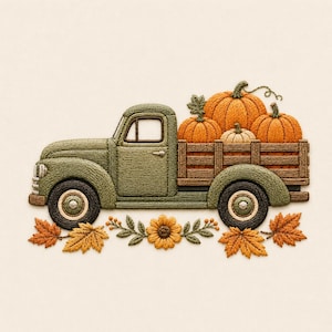 May include: An embroidered patch featuring a sage green vintage pickup truck carrying orange pumpkins in its wooden bed. The design is accented with embroidered autumn leaves and a central sunflower, all rendered in detailed thread work.