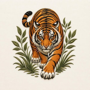 May include: An embroidered patch featuring a tiger with orange, black, and white fur walking forward. The tiger is surrounded by green embroidered leaves and stems. The design is detailed with visible stitching throughout the entire tiger figure.