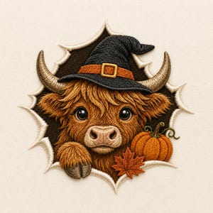 May include: An embroidered patch featuring a fluffy brown Highland cow wearing a black witch hat with an orange band and gold buckle. The cow is framed by a jagged, torn-paper effect, accompanied by a small orange pumpkin and a maple leaf.
