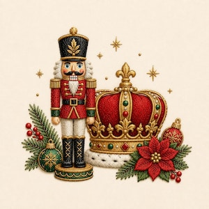 May include: An embroidered nutcracker figure in a red and black uniform standing next to a large gold crown with red velvet accents. The scene includes green pine branches, red berries, a green ornament, and a red poinsettia flower.
