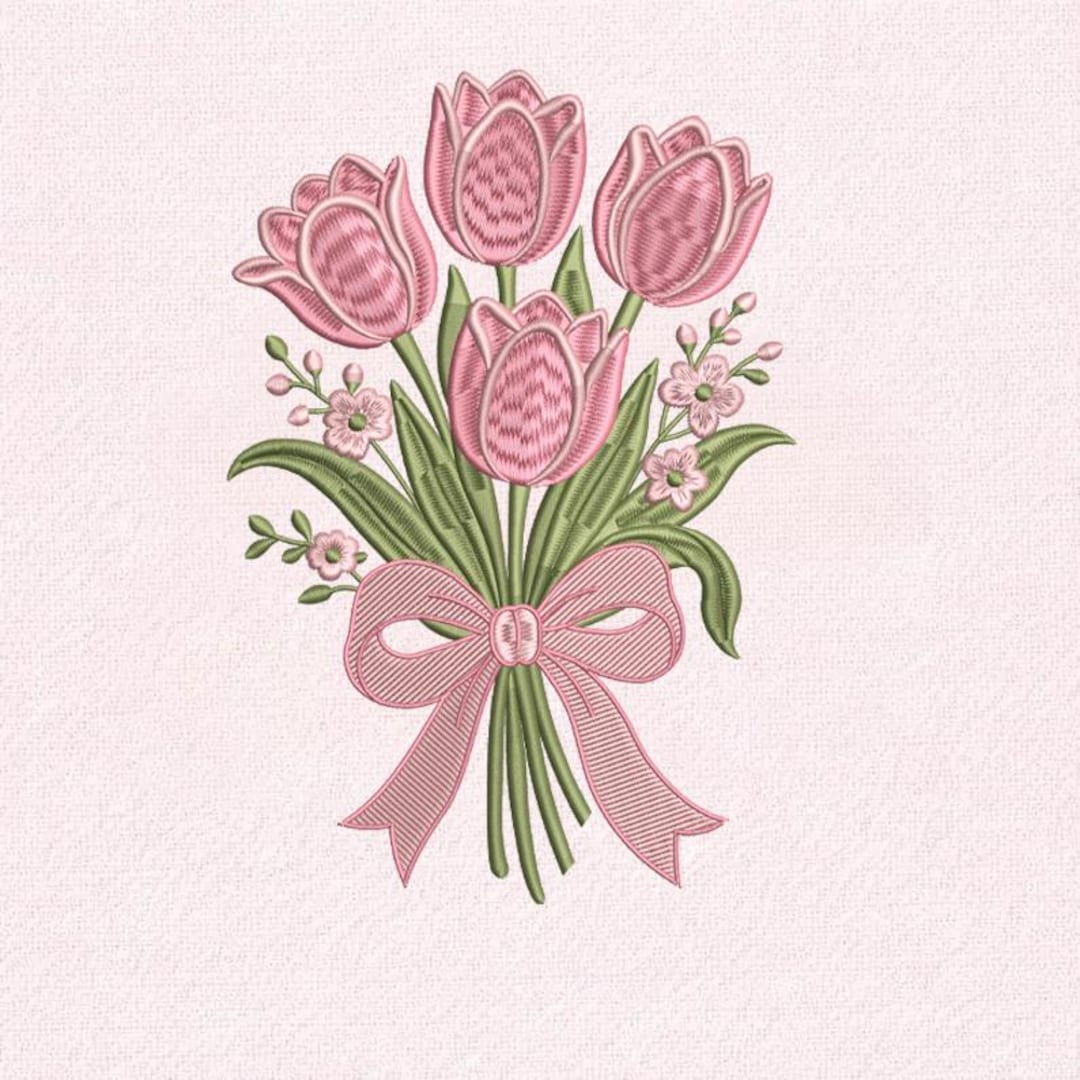 Pink Tulip Bouquet Embroidery Design, Floral Bow Embroidery, Spring ...