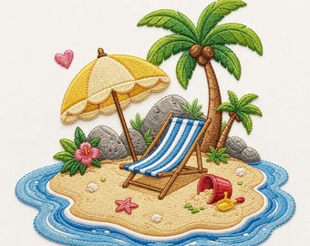 Tropical Beach Embroidery Design, Summer Island Paradise with Palm Trees, Coastal Vacation Machine Embroidery Pattern