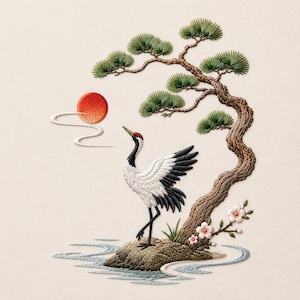 Puede incluir: Una obra de arte bordada que representa una grulla japonesa con las alas extendidas, de pie sobre una roca. Un sol rojo y una rama de pino con agujas verdes están en el fondo. La obra de arte está sobre un fondo color crema.